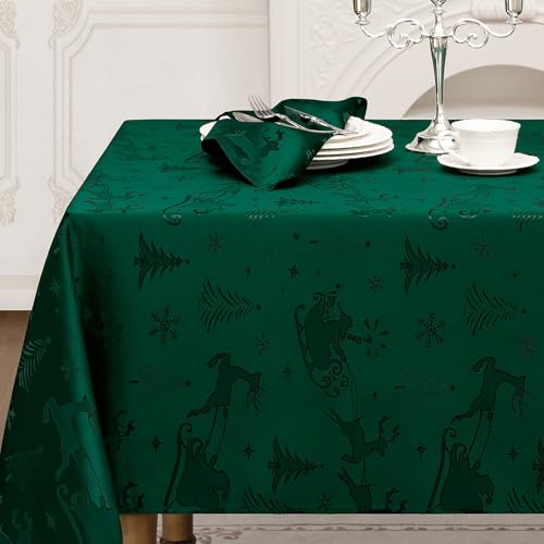 Romanstile Christmas Jacquard Rectangular Tablecloth 60 x 144 Inches - Green Xmas Deer & Tree