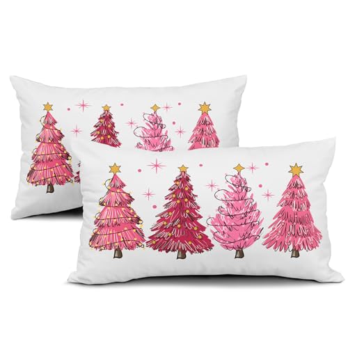 Set of 2 Pink Christmas Tree Lumbar Throw Pillow Covers 12x20