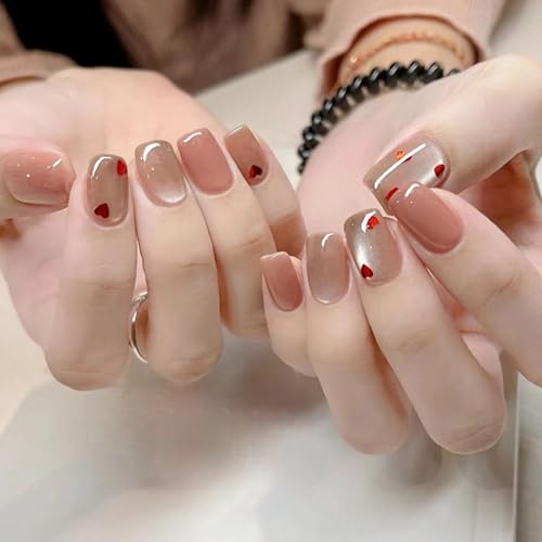Short Square Heart Press on Nails Nude Glossy Gradient False Nails