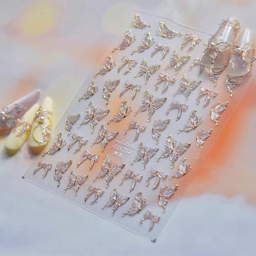 5D Embossed Butterfly Nail Stickers Self-Adhesive Aurora Pink Bow Nail Decals
