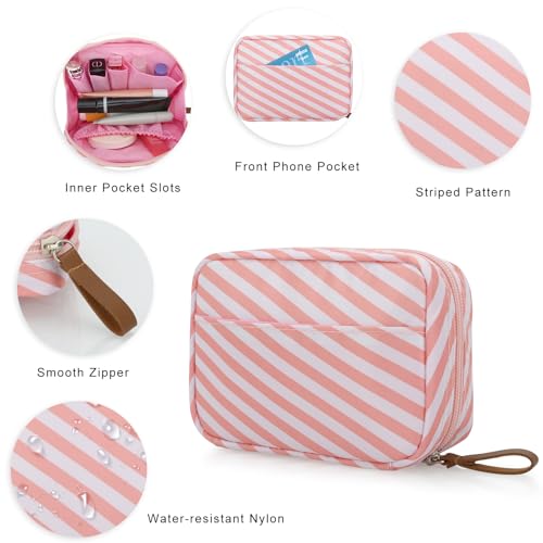 DOB SECHS Mini Striped Nylon Cosmetic Bag & Travel Makeup Pouch, Pink