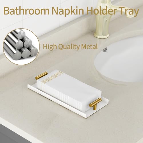 White Metal Napkin Holder Tray for Bathroom & Kitchen - Guest Towel Organizer with Double Handles