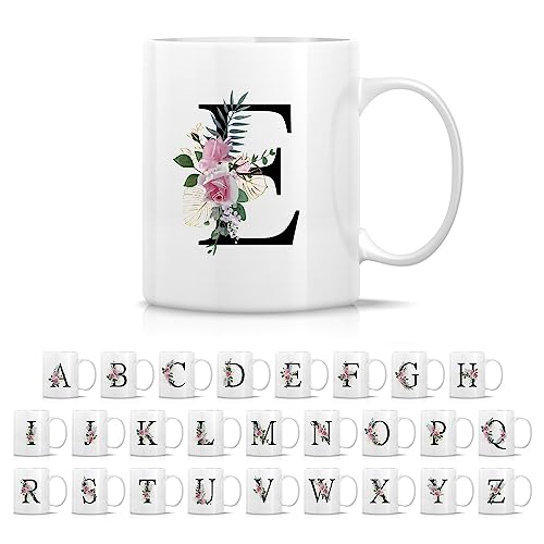 Initial E Monogram Mug - Floral Botanical Alphabet 11 Oz Ceramic Tea Coffee Cup - White Variation