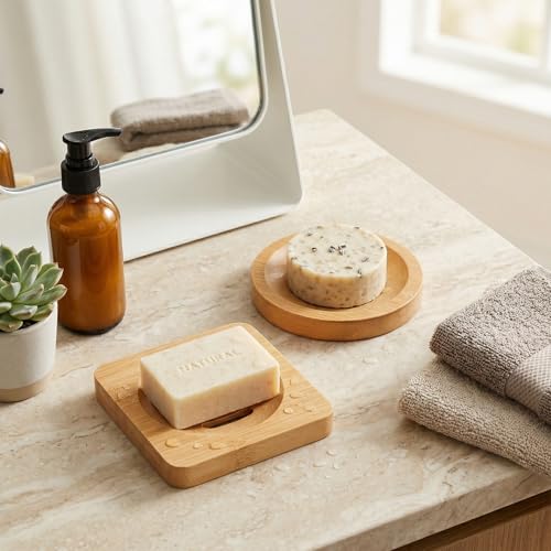 Bamboo Soap Dish Holders Set - Natural Wooden Shower & Bathroom Accessories