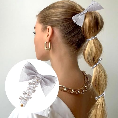 SmallCat 2PCS Bow Spiral Hair Ties with Beads Artificial Pearl Phone Cord Hair Bands