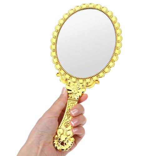 Vintage Hand Mirror with Handle - Retro Oval Embossed Golden Makeup Mirror