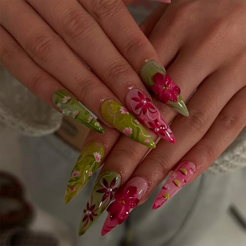 Press on Nails Medium Almond French Tip 3D Flowers 24pcs