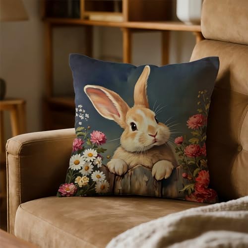 Easter Rabbit Throw Pillow Cover - Bunny Gift for Kids & Women, 18x18 Inches, Animal Decoration 02