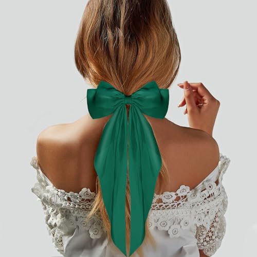 WLLHYF Satin Silky Long Tail Hair Bow Barrette Metal Hair Clip Green