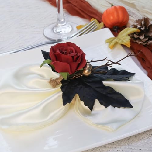 Gothic Napkin Rings Set of 2 with Black Leaves & Red Rose