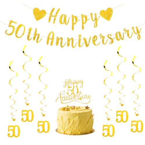 50th Wedding Anniversary Decoration Set - Glitter Gold Banner & Cake Topper