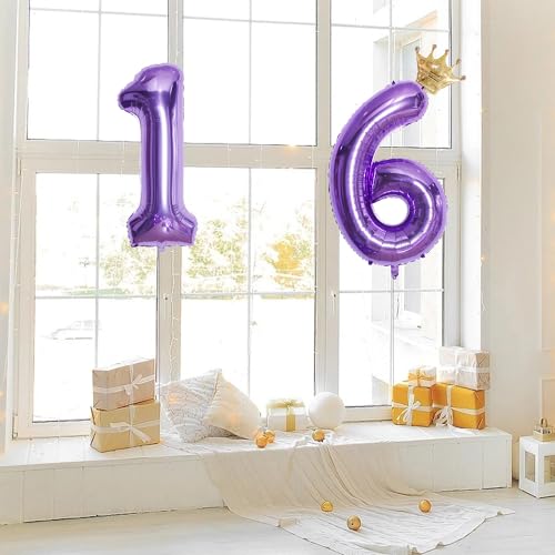 Purple Number 30 Foil Balloon Set with Gold Crown for 30th Birthday Party Decorations