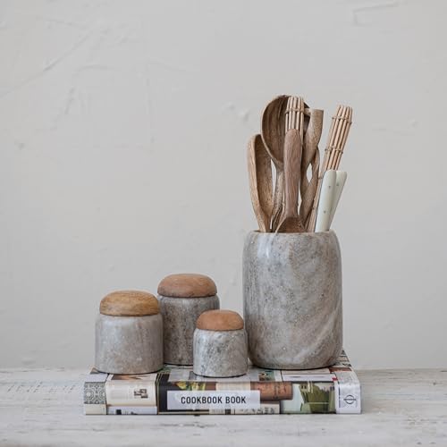 Creative Co-Op Modern Marble Canister with Wood Lid - 3" Round x 4"H
