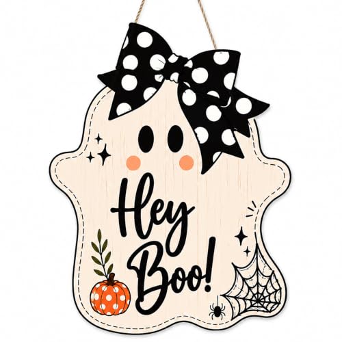 Hey Boo Ghost Door Sign - Cute Wooden Halloween Decoration