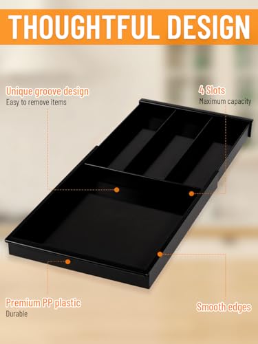 Adjustable Black Silverware Drawer Organizer - Expandable Utensil Tray