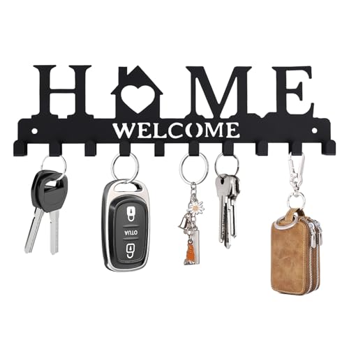 Metal Key Holder Wall Mount with 12 Hooks - Black Adhesive Hanger