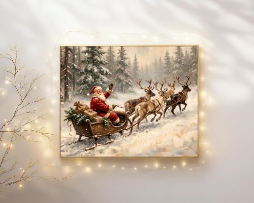 Unframed Vintage Santa Sleigh Wall Art Canvas Print - Christmas Reindeer Scene 14x11 Inches
