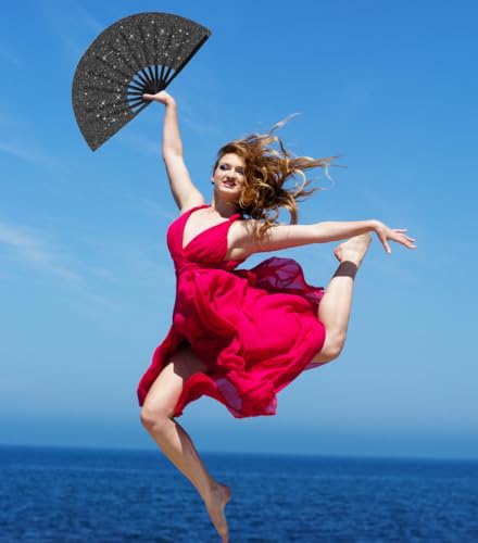 Plzoslly Black Glitter Large Folding Hand Fan for Festivals & Parties