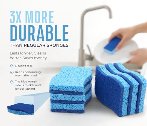 RSLIFE Dual-Sided Blue Scrub Sponges - Pack of 6 for Kitchen & Bath