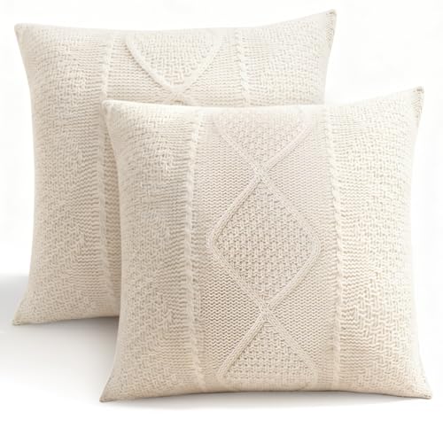 RICHIE 18x18 Inch Knitted Throw Pillow Covers - Set of 2, Cozy Christmas Decor for Sofa & Bedroom, White Diamond Grid