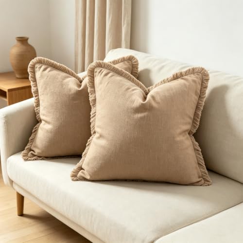Fringe Throw Pillow Covers, 18x18 Inch Baby Brown Cotton Linen, Set of 2