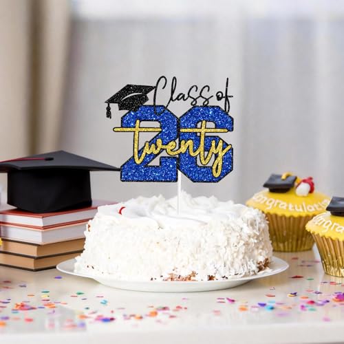 Class of 2026 Graduation Cake Topper - Blue & Gold Glitter