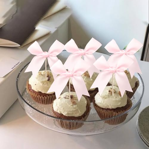 24 PCS Pink Bow Cupcake Toppers - Birthday & Baby Shower Decorations