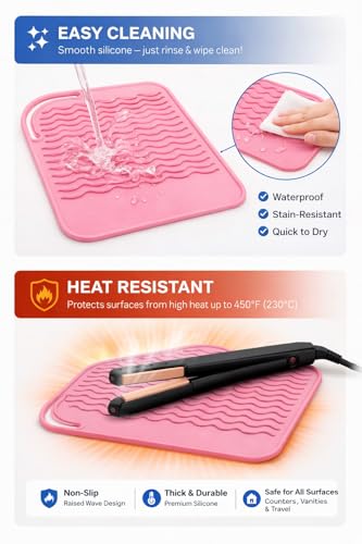 Heat Resistant Silicone Mat for Hair Straightener & Curling Iron - Pink 9x6.5"