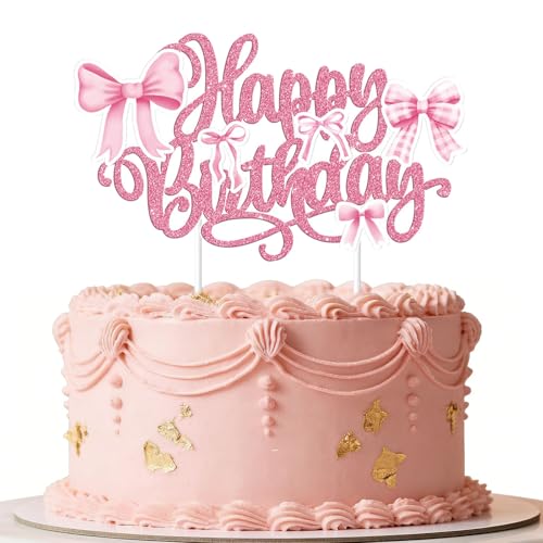 Happy Birthday Cake Topper with Elegant Pink Bow - Glitter Decoration