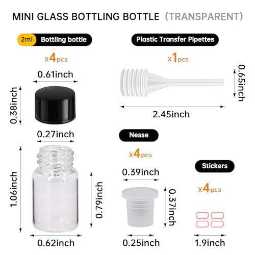 eispap 2ml Mini Glass Bottles Clear Essential Oil Vials with Black Lids, 4 Pack