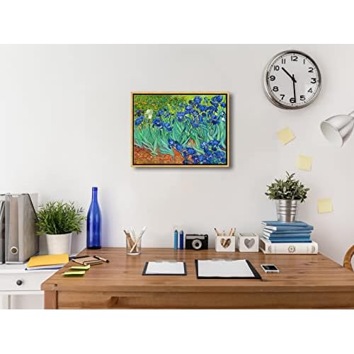 Wieco Art Framed Wall Art Canvas Prints Irises By Van Gogh Famous Flowers Oil Paintings Reproduction Abstract Canvas Prints for Home Living Room Decorations Bronze Gold Frame