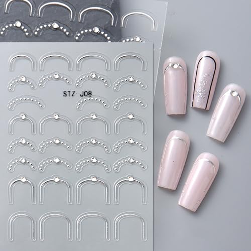 5D Embossed French Tip Silver Nail Stickers with Crystal Rhinestones 3 Sheets