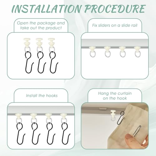60 Pcs Black Shower Curtain Hooks & Gliders Set - Durable Plastic & Stainless Steel