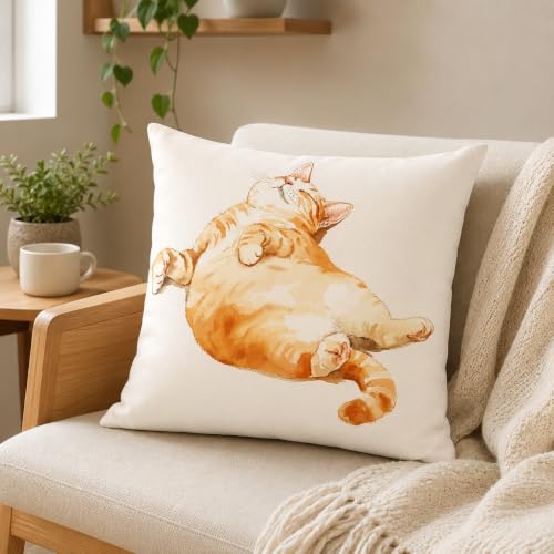 Chubby Orange Tabby Cat Pillow Cover 18x18 Inch - Soft Decor