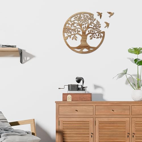 12-Inch Wooden Tree of Life Wall Art - Round Boho Home Decor with 3 Birds