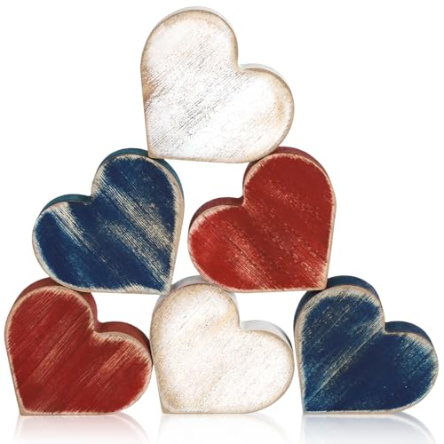 COCHIE Patriotic Wooden Heart Blocks - 6-Piece 4th of July Tiered Tray Decor