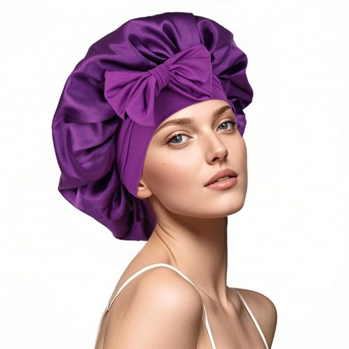 Double Layer Satin Sleep Bonnet with Adjustable Tie Band for Women Purple