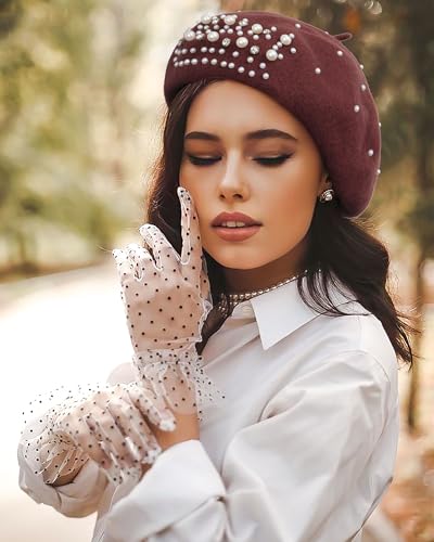 AWAYTR French Wool Beret Hat with Pearls & Rhinestones for Women