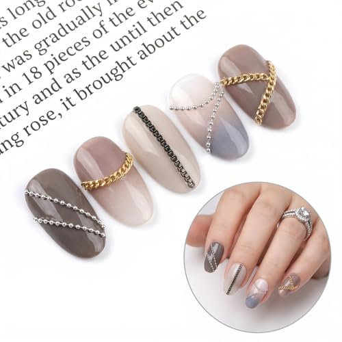 Metal Nail Chains for Nail Art - 12 Strips Gold, Silver & Black 3D Charms