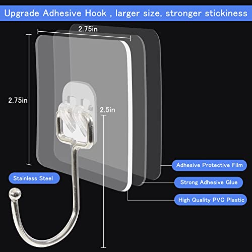30 Pack Large Adhesive Wall Hooks - Heavy Duty 44lb Clear Waterproof Hangers