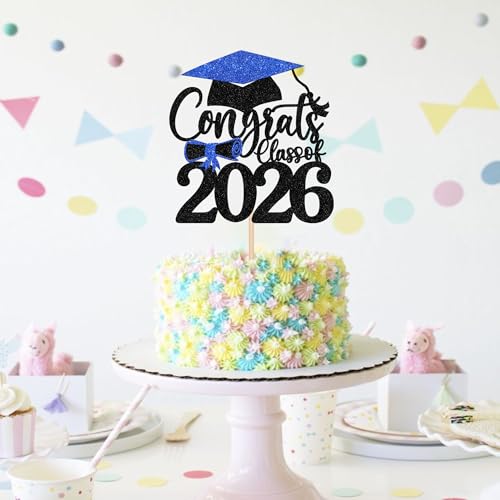 Congrats Grad 2026 Cake Topper Blue Glitter Graduation Party Decoration