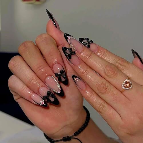 French Tip Black Almond Press On Nails with 3D Bow and Rhinestones