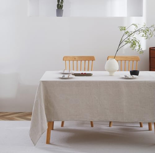 Natural Linen Tablecloth 132x60 Inches - French Flax, Textured, Machine Washable