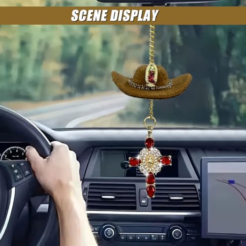 Cowboy Hat Car Charm with Cross - Handmade Rear View Mirror Ornament