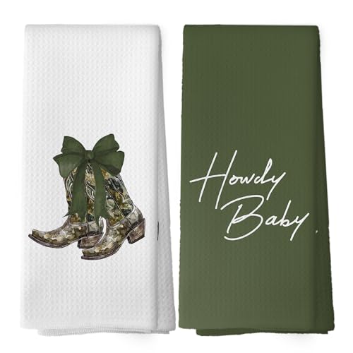 Green Bow Kitchen Dish Towels Set of 2 - Stylish Cowgirl Decor