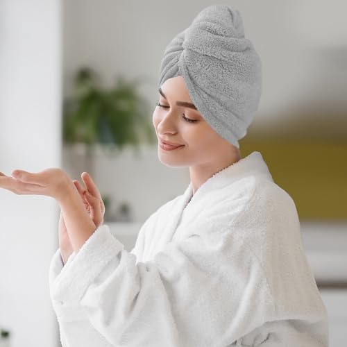 AGLIFEFY Microfiber Hair Towel Wrap - 2 Pack Light Grey Quick Dry Turban