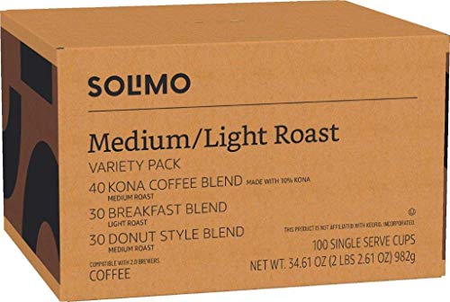 Solimo Light & Medium Roast Coffee Pods - 100 Count Variety Pack