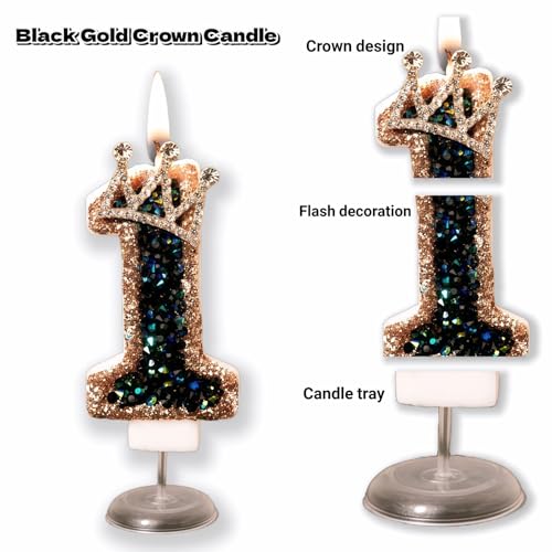 Black Gold Crown Number 1 Birthday Candle with Glitter Topper