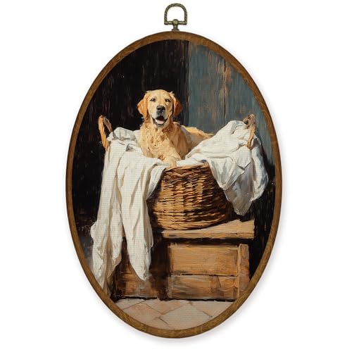 Vintage Golden Retriever Laundry Room Wall Art - 11.4x8.6 Oval Canvas