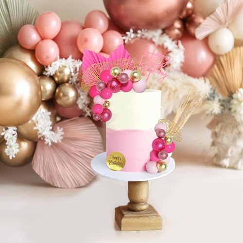 Hot Pink and Gold Ball Cake Topper Set with Palm Leaves for Party Decor